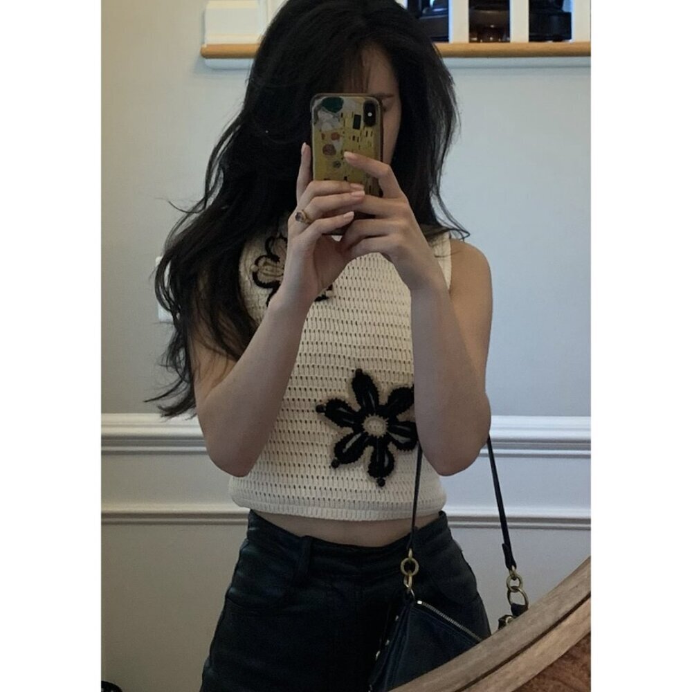 Crochet Flower Tank Top - Cream with Black Detail